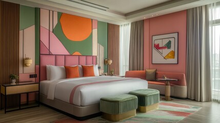 Modern bedroom with geometric wall art, king bed, and pink accents.