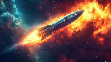 Rocket flying through space with orange fire and smoke trail