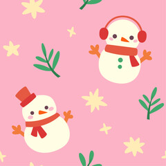 Vector decorative Christmas seamless pattern. Cute illustration with snowman leaves, xmas elements for greeting cards, social media post, print design.