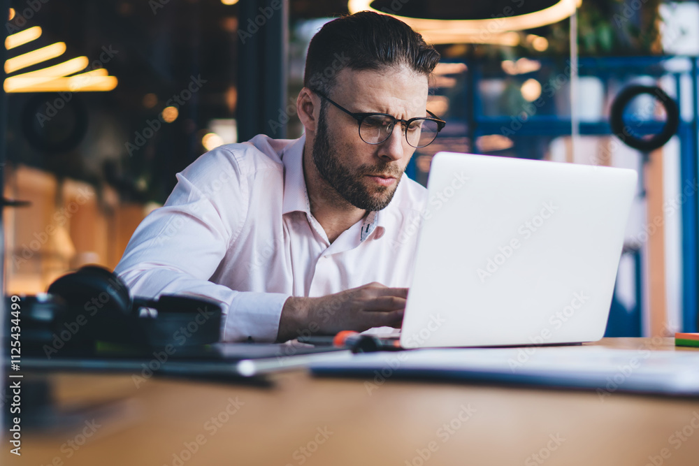 Poster youthful employee learning crypto currency for doing bitcoin exchange connecting to coworking wifi i