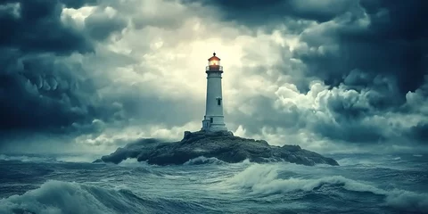 Selbstklebende Fototapeten A lighthouse standing on an island in the middle of a stormy sea © Titon