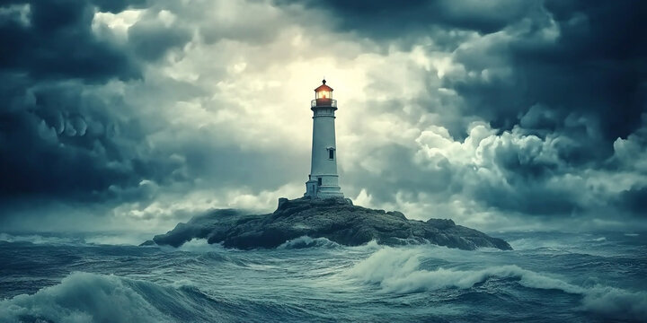 A lighthouse standing on an island in the middle of a stormy sea