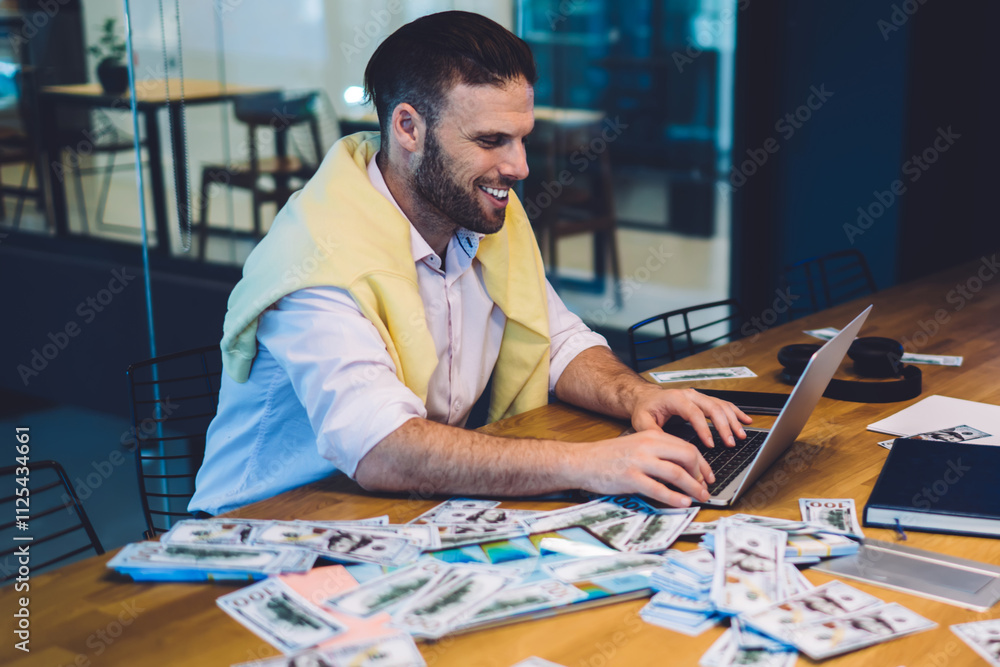 Aufkleber successful male millionaire checking results in online web lottery browsing internet wireless on mod