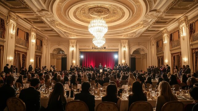 Grand ballroom event with seated guests.