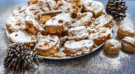 Authentic sweet Christmas French toast served with sugar and cinnamon in a Christmas atmosphere