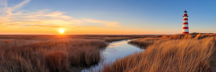 A lighthouse stands on the right in an open field, surrounded by tall grass and marshland