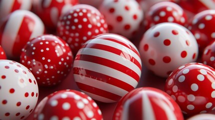 Fototapeta premium White and red glittering Christmas ornaments ball with featuring stripes and dot or circle isolated on white background with clipping path. Design element.