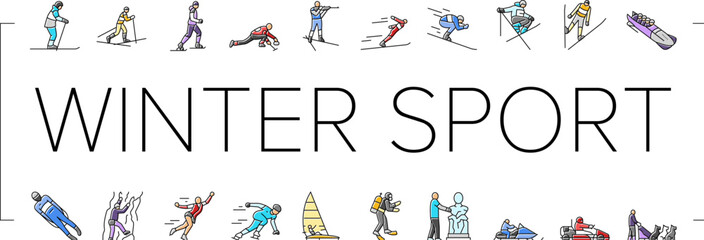 winter sport ski snow jump icons set vector. mountain snowboard, travel sky, white skier, slope extreme, speed active man athlete winter sport ski snow jump color line illustrations