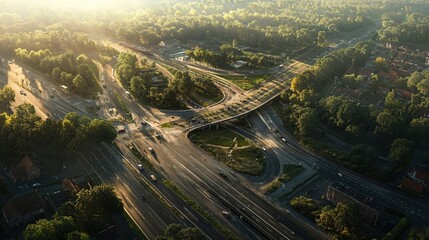Fototapeta premium Aerial drone view of modern highway intersection at sunset, showcasing urban infrastructure with flowing traffic and lush green surroundings in golden hour light