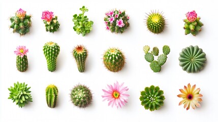 A collection of various cacti and succulents on a white background, showcasing their unique shapes, textures, and delicate blooms. #cactus #succulent #desert