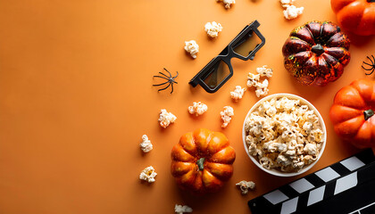 Top view of Halloween movie night setup with popcorn, remote control, 3D glasses, film clapper