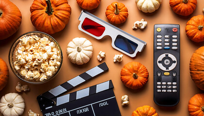 Top view of Halloween movie night setup with popcorn, remote control, 3D glasses, film clapper