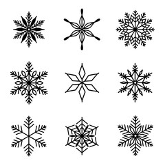 Unique snowflakes set, detailed hand drawn flat vector line illustration. Graphic outline drawing. Christmas and New Year symbol. Beautiful snowflake silhouette icon for frosty winter designs.
