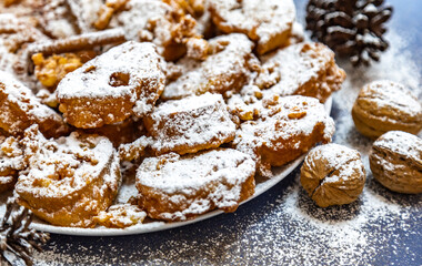 Authentic sweet Christmas French toast served with sugar and cinnamon in a Christmas atmosphere