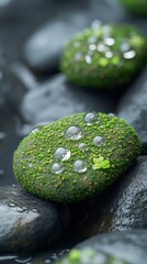 Moss-covered stones with glistening water droplets capture the essence of tranquility found in nature, offering a refreshing and calming background for devices