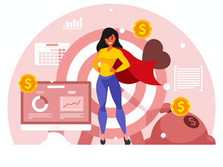 Brave businesswoman in superhero costume. Business goals. Planning. Efficient use of worktime for implementation of the business plan. Return on investment ROI concept. Vector graphics