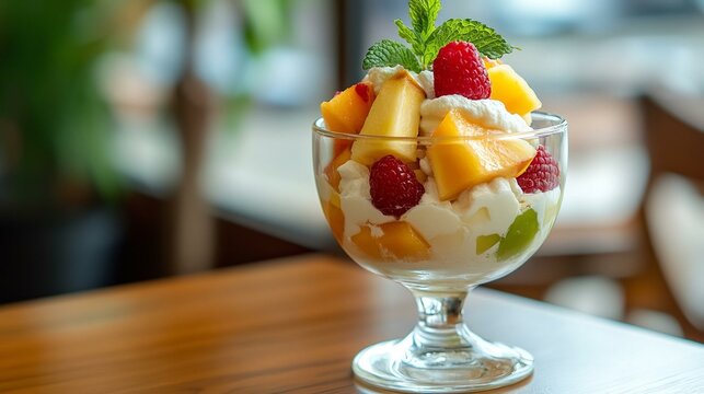 Fruta picada con yogurt y tenedor para desayunar sobre mesa de madera y espacio para texto