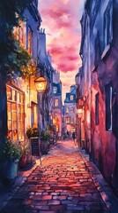 Fototapeta premium A picturesque European street comes alive at dusk, featuring cobblestones, glowing lanterns, and warm light streaming from quaint buildings, inviting evening strolls