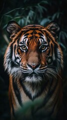 Fototapeta premium This stunning close-up features a majestic tiger's face, highlighting its unique stripes and piercing eyes, ideal for use as a captivating phone wallpaper