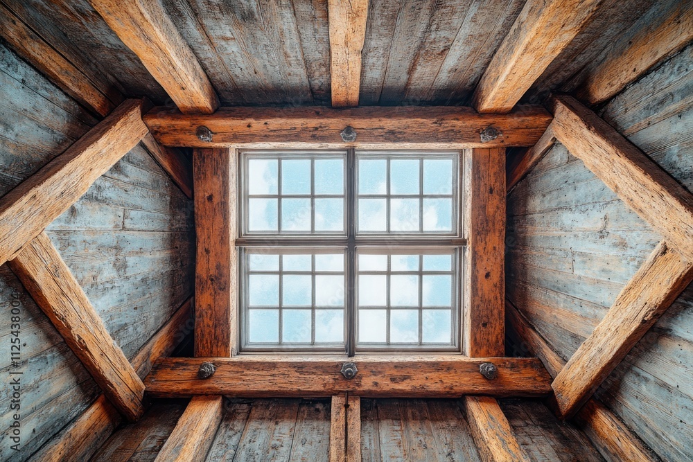 Poster looking up at a spacious loft's high ceilings with rustic beams and a large window letting in bright