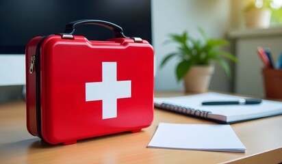 Red first aid kit on a desk near office supplies