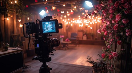 Professional video camera installed in a studio with a romantic setting. The background is decorated with garlands with heart-shaped lights and roses, creating a warm and cozy atmosphere.