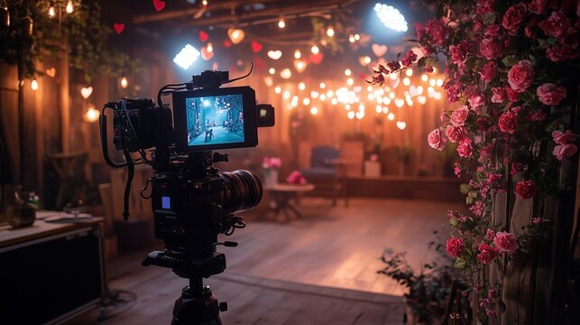 Professional video camera installed in a studio with a romantic setting. The background is decorated with garlands with heart-shaped lights and roses, creating a warm and cozy atmosphere.