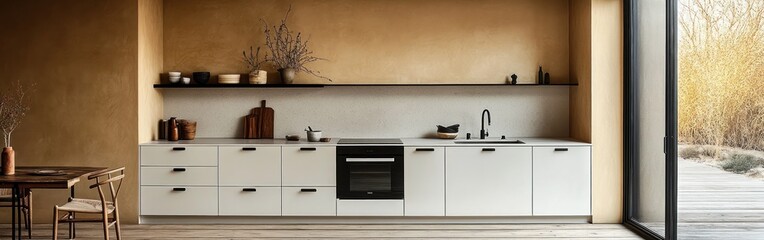 Fototapeta premium Bright kitchen features white cabinetry, sleek black hardware, and large windows filling the space with natural light