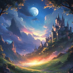 Fairy Tale Royal Castle with a Radiant Full Moon