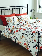 Bright and inviting bedroom showcases a stylish wrought-iron bed adorned with floral bedding and colorful cushions