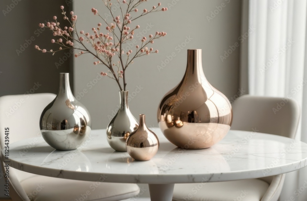 Aufkleber minimalistic chrome vases on a polished marble table, surrounded by reflective spheres, with soft am
