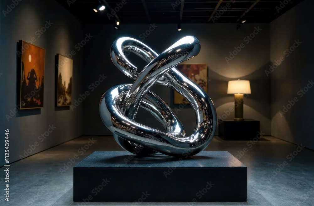 Poster abstract chrome sculpture with twisted and fluid forms, placed on a black pedestal under dramatic li