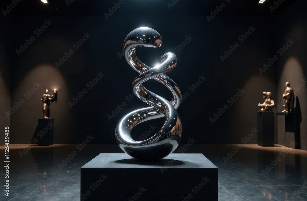 Aufkleber modern metallic art illuminated dramatically in a dim gallery.