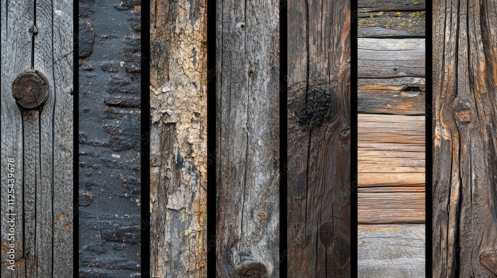 Aufkleber The collage showcases an array of weathered wooden surfaces, each revealing unique grain patterns and colors. The rich dark hues evoke a sense of history, charm, and rustic elegance