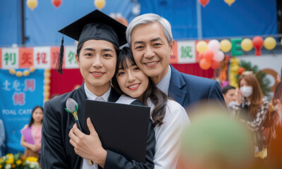 Fototapeta premium Graduation celebration with family, showcasing joy and pride in academic achievement. young graduate embraces loved ones, capturing heartfelt moment of success