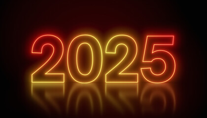 Illustration of abstract neon lights with the numbers 2025 in red and yellow over dark background on a reflective floor - represents the new year - vacation concept.