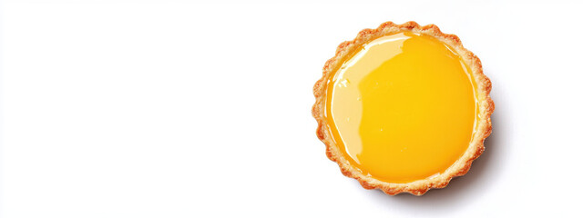 A vibrant lemon tart with glossy lemon curd on a crisp pastry shell against a white background, creating a striking contrast.