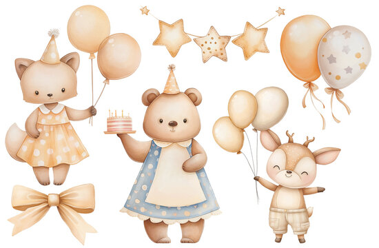 Cute animals birthday watercolor set
