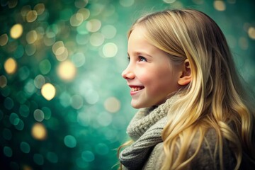Portrait Smiling Blonde Girl in Winter Against Emerald Green Bokeh Background and Holiday Lights 