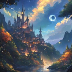 Grand Castle Illuminated by Moonlight in a Silent Night