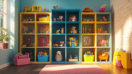 Colorful Toy Storage Shelves in Bright Playroom Setting