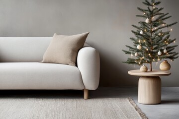 scandinavian christmas decor, a scandinavian-inspired christmas living room with a simple pine tree adorned with white lights and handmade straw decorations on a light gray rug