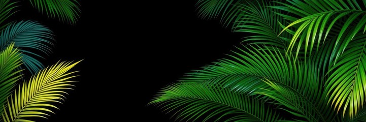 Vibrant tropical jungle palm leaves contrast against a dark background in a lush garden setting, vibrant