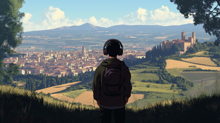 Traveler headphones exploring Italian cityscape standing amidst rolling hills vibrant rooftops timeless Mediterranean countryside beauty lofi music cover blue sky jungle buildings wallpaper backdrop