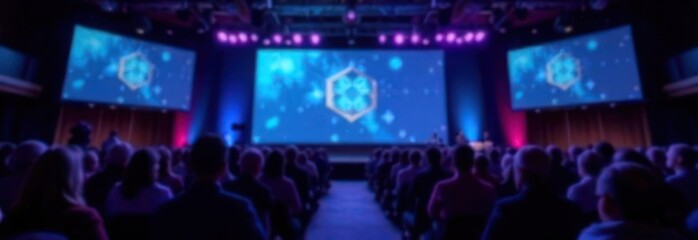 tech conference stage featuring large screen and seated audience, blurred banner background with copy space. innovation, technology events or corporate presentation.