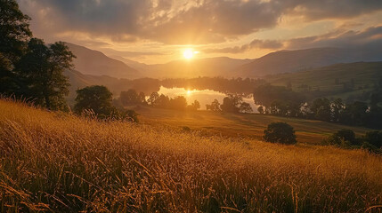 Fototapeta premium A breathtaking view of the sun rising over rolling hills, with soft golden light spreading across the landscape 