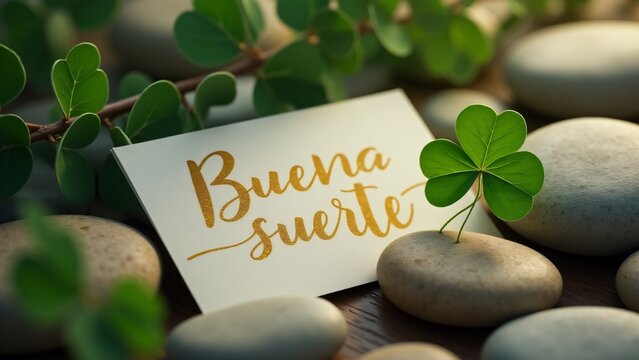Una escena serena con un tr&eacute;bol de cuatro hojas, Buena suerte en dorado, piedras lisas y ramitas de eucalipto crean un arreglo natural y calmante de buena suerte.