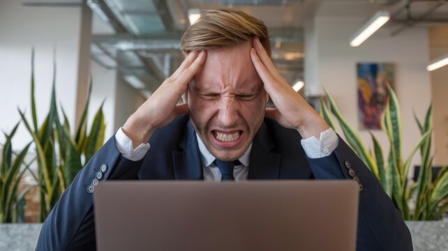 A photo of a businessman with a laptop, whose face shows tension and frustration. He is sitting in a modern office with a minimalistic design.