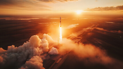 Obraz premium A dramatic rocket launch at dawn with soft light illuminating the launchpad and billowing smoke.