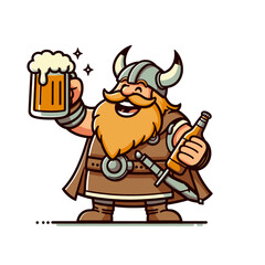 A cheerful cartoon Viking with a beer mug and bottle, wearing a helmet and holding a sword, perfect for bar branding, party designs, or fun medieval-themed illustrations. Isolated vector illustration